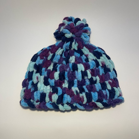 Handmade Women’s/Junior’s Winter Hat With Loopy Pom-Pom - Purple & Blue - Picture 3 of 9